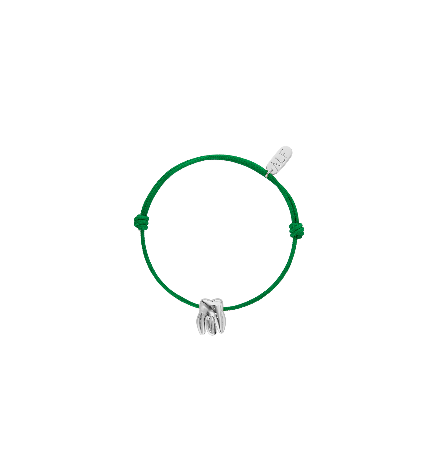 Handcrafted ALF Jewelry Molar Cord Bracelet in 925 sterling silver and adjustable green nylon cord.