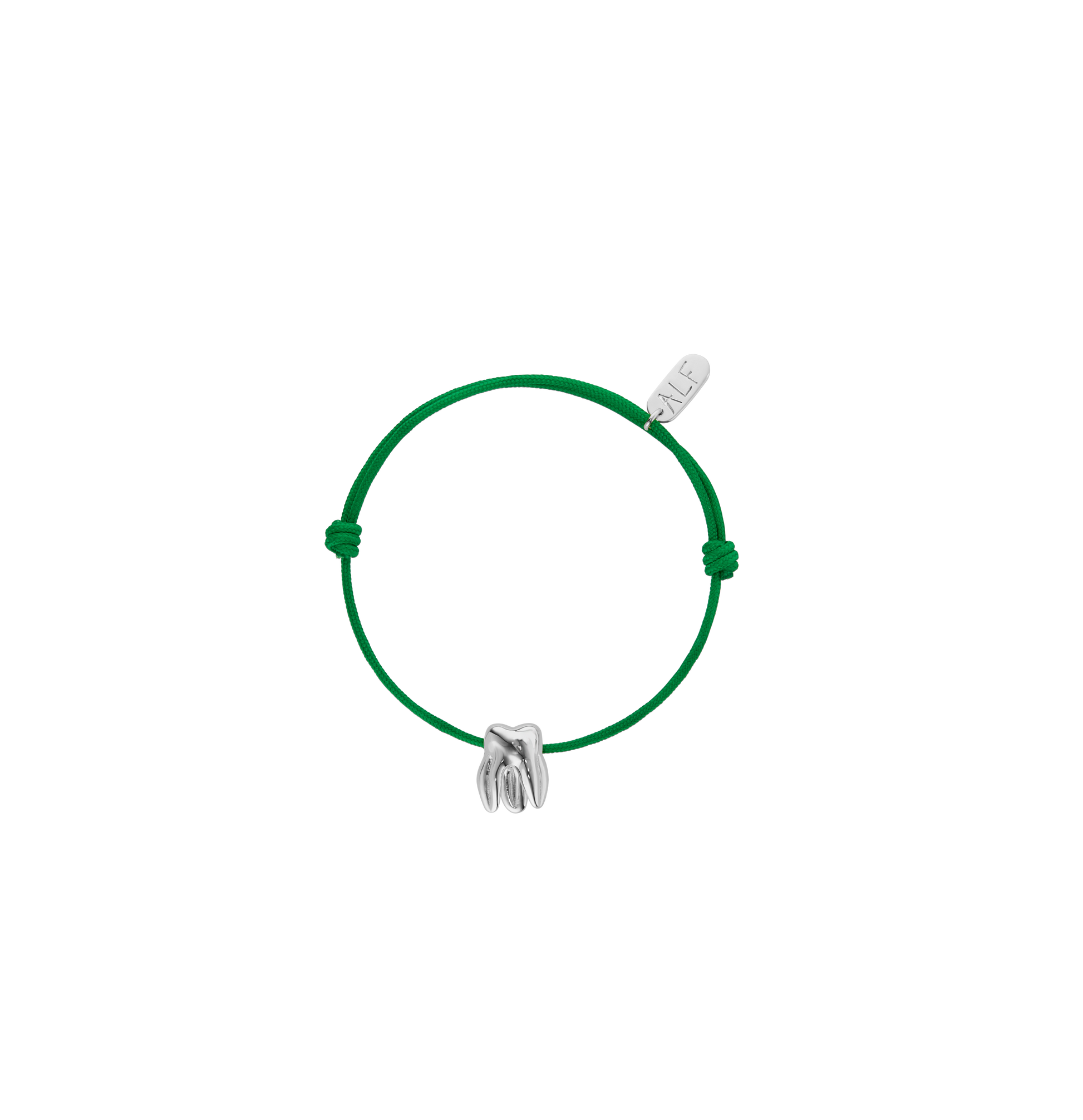 Handcrafted ALF Jewelry Molar Cord Bracelet in 925 sterling silver and adjustable green nylon cord.