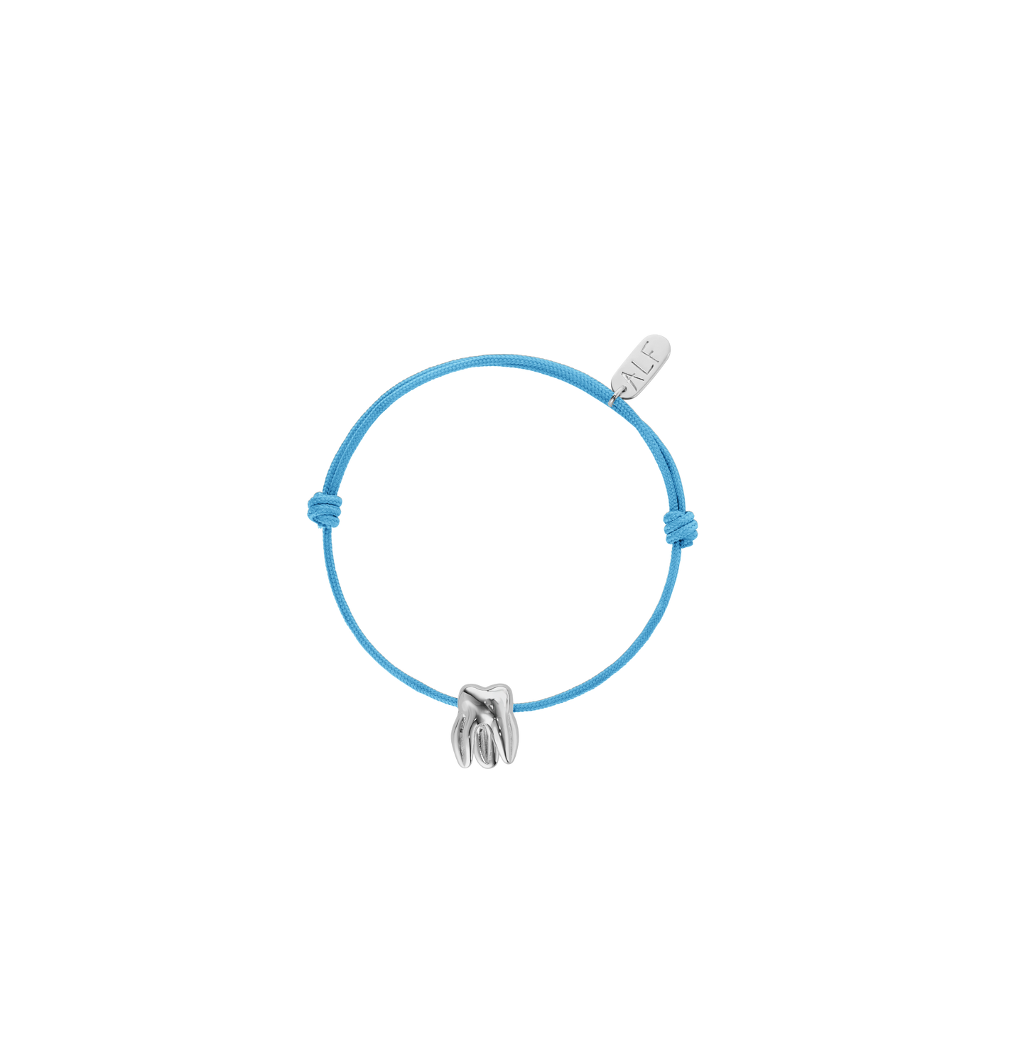 Handcrafted ALF Jewelry Molar Cord Bracelet in 925 sterling silver and adjustable light blue nylon cord.