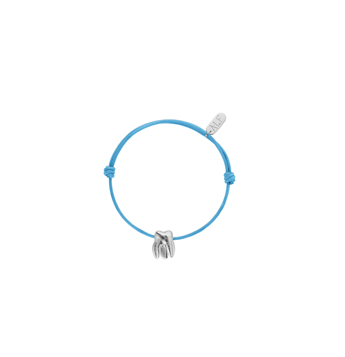 Handcrafted ALF Jewelry Molar Cord Bracelet in 925 sterling silver and adjustable light blue nylon cord.