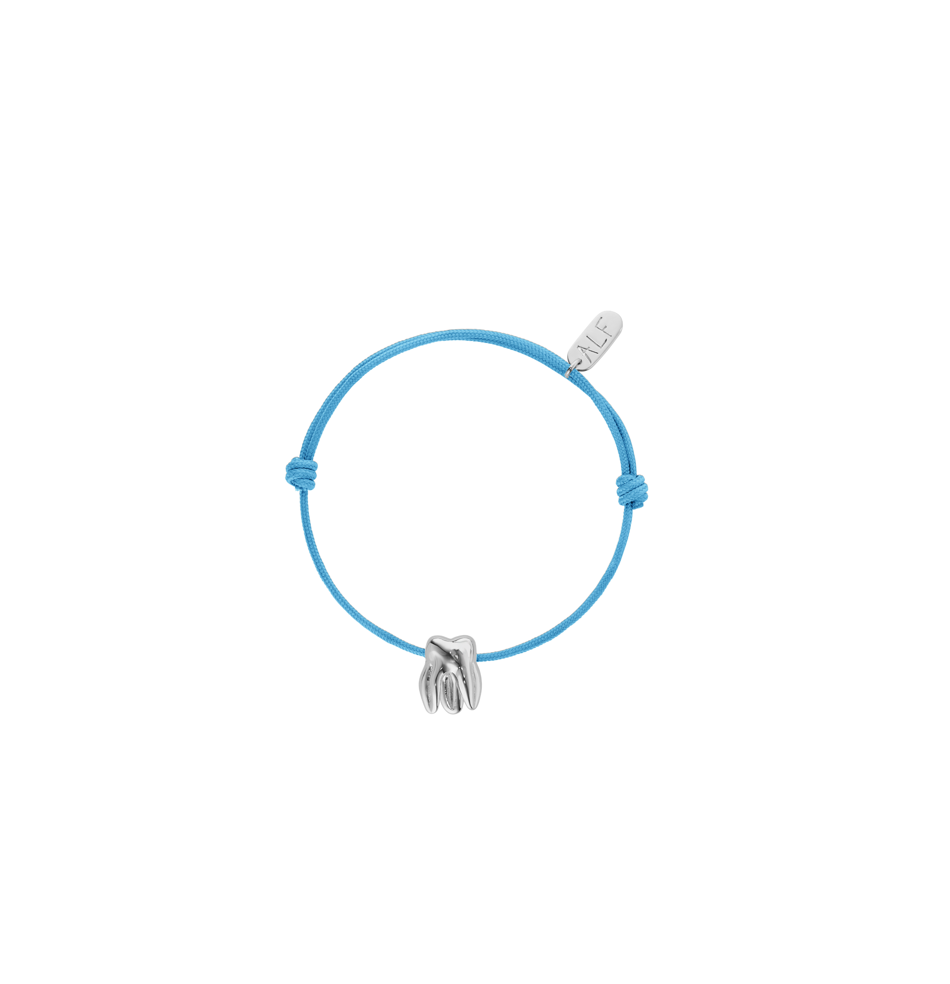 Handcrafted ALF Jewelry Molar Cord Bracelet in 925 sterling silver and adjustable light blue nylon cord.