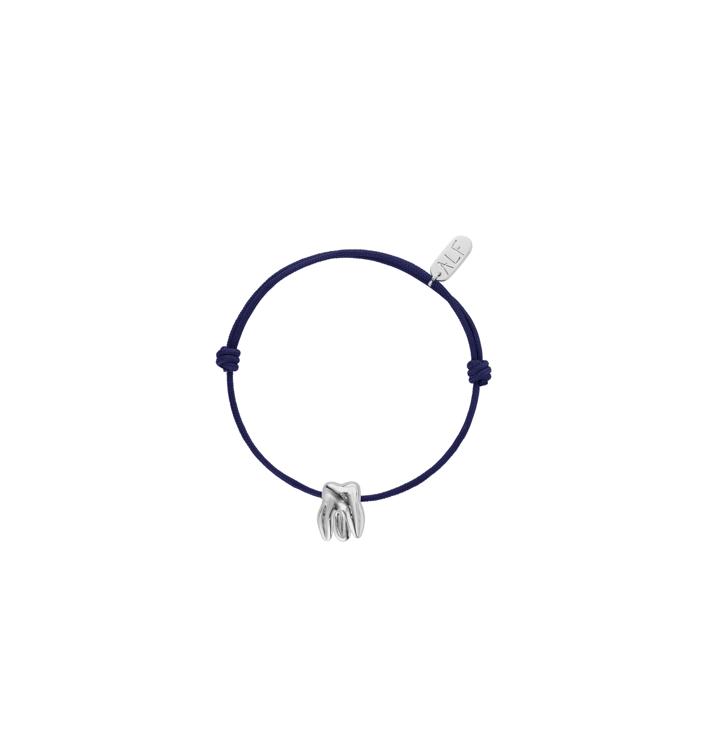 Handcrafted ALF Jewelry Molar Cord Bracelet in 925 sterling silver and adjustable navy blue nylon cord.