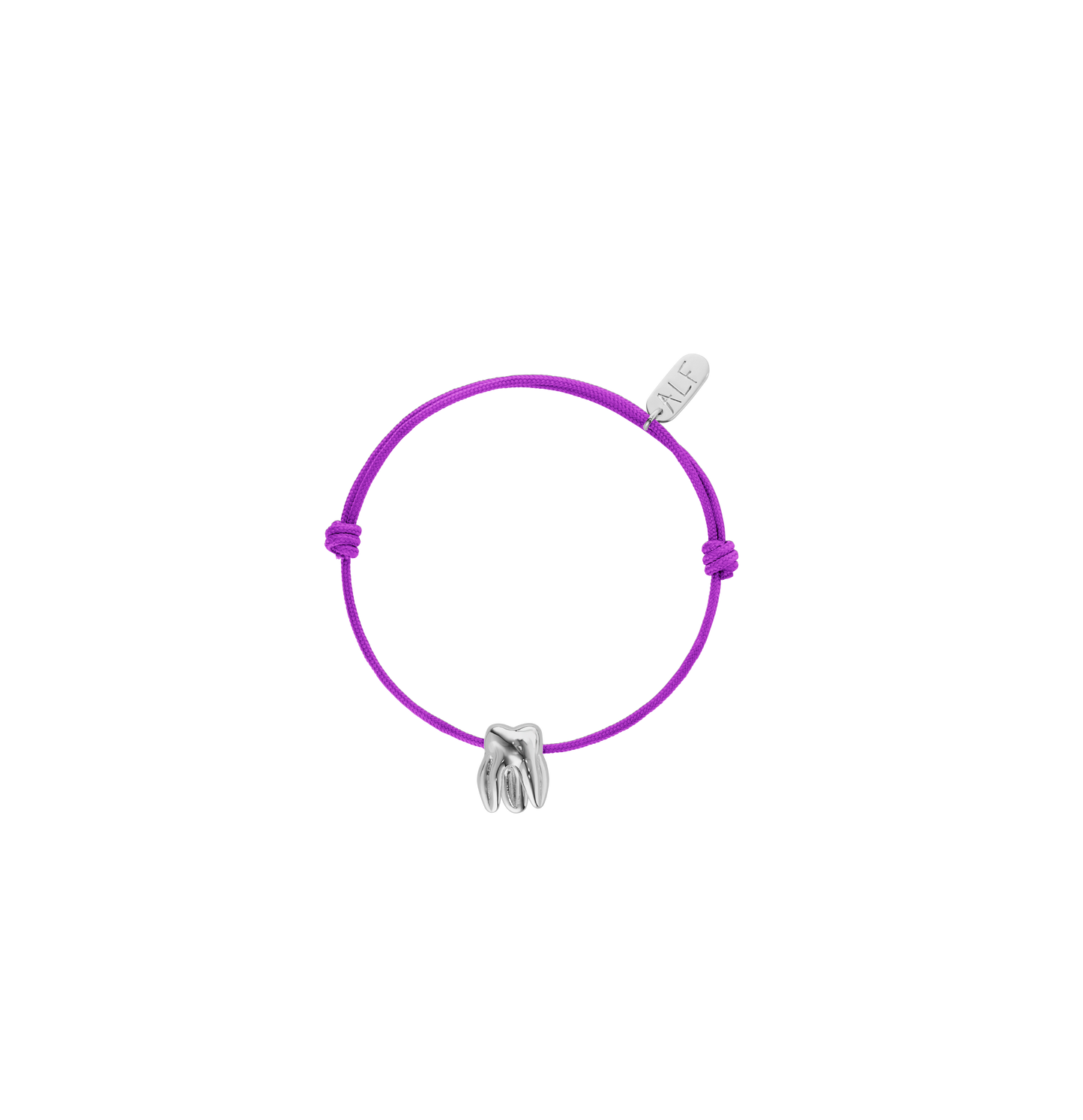 Handcrafted ALF Jewelry Molar Cord Bracelet in 925 sterling silver and adjustable purple nylon cord.