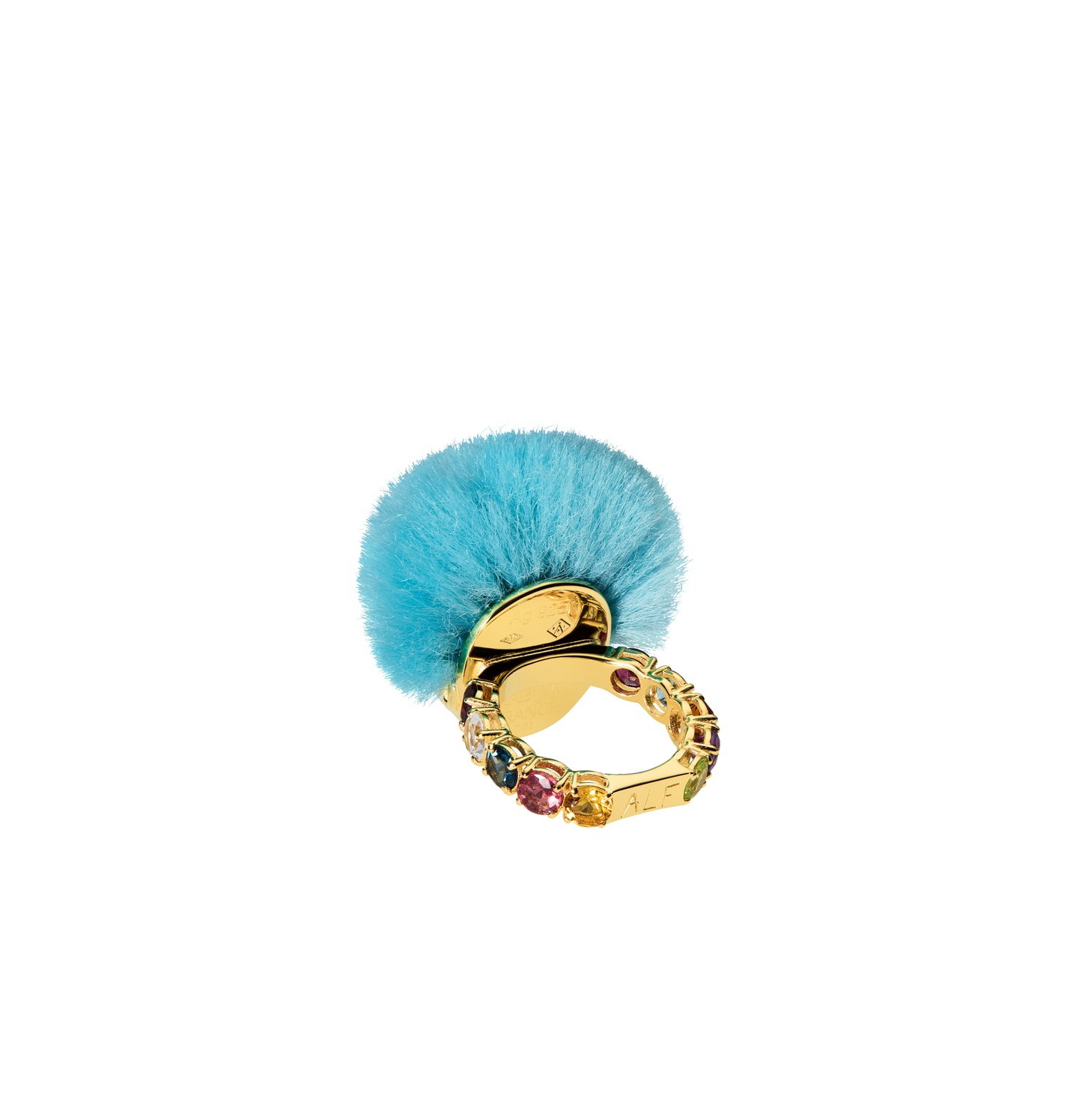 ALF Jewelry Baby Ring in 18ct gold vermeil with green tsavorite eyes, recycled blue fur, size 52.