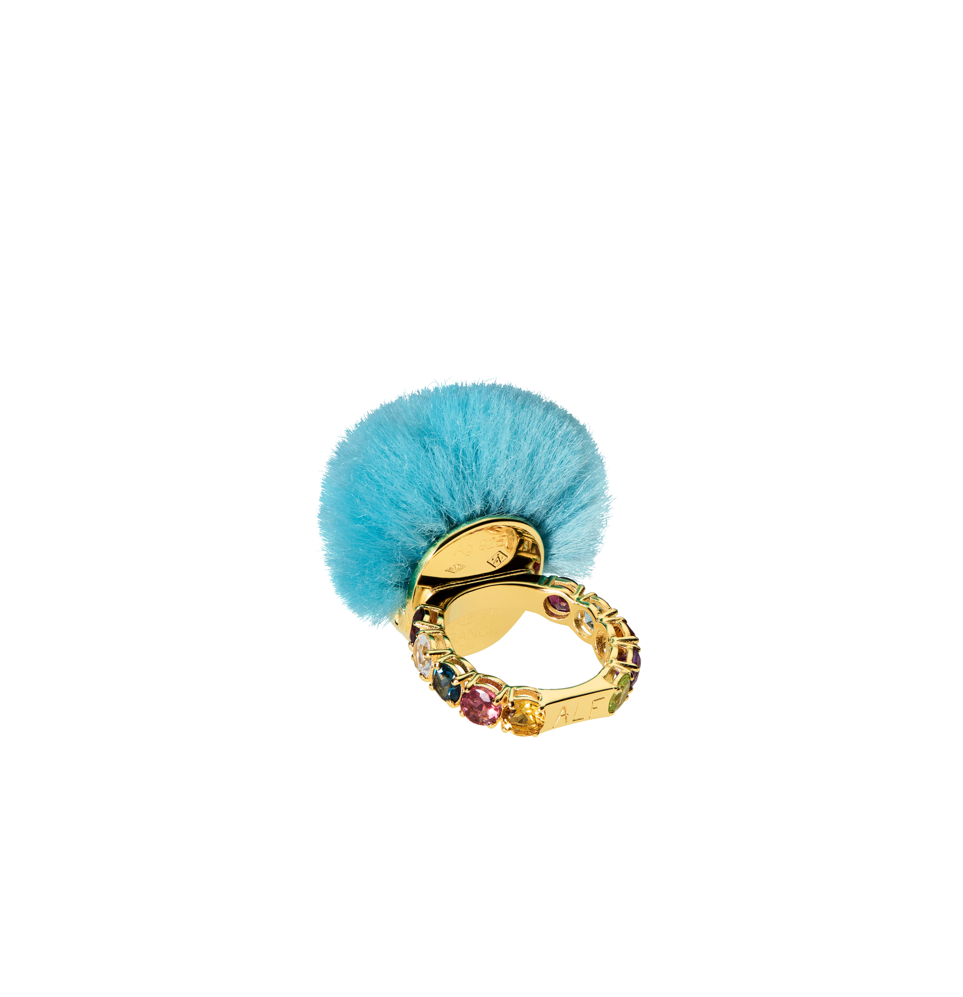ALF Jewelry Baby Ring in 18ct gold vermeil with green tsavorite eyes, recycled blue fur, size 52.