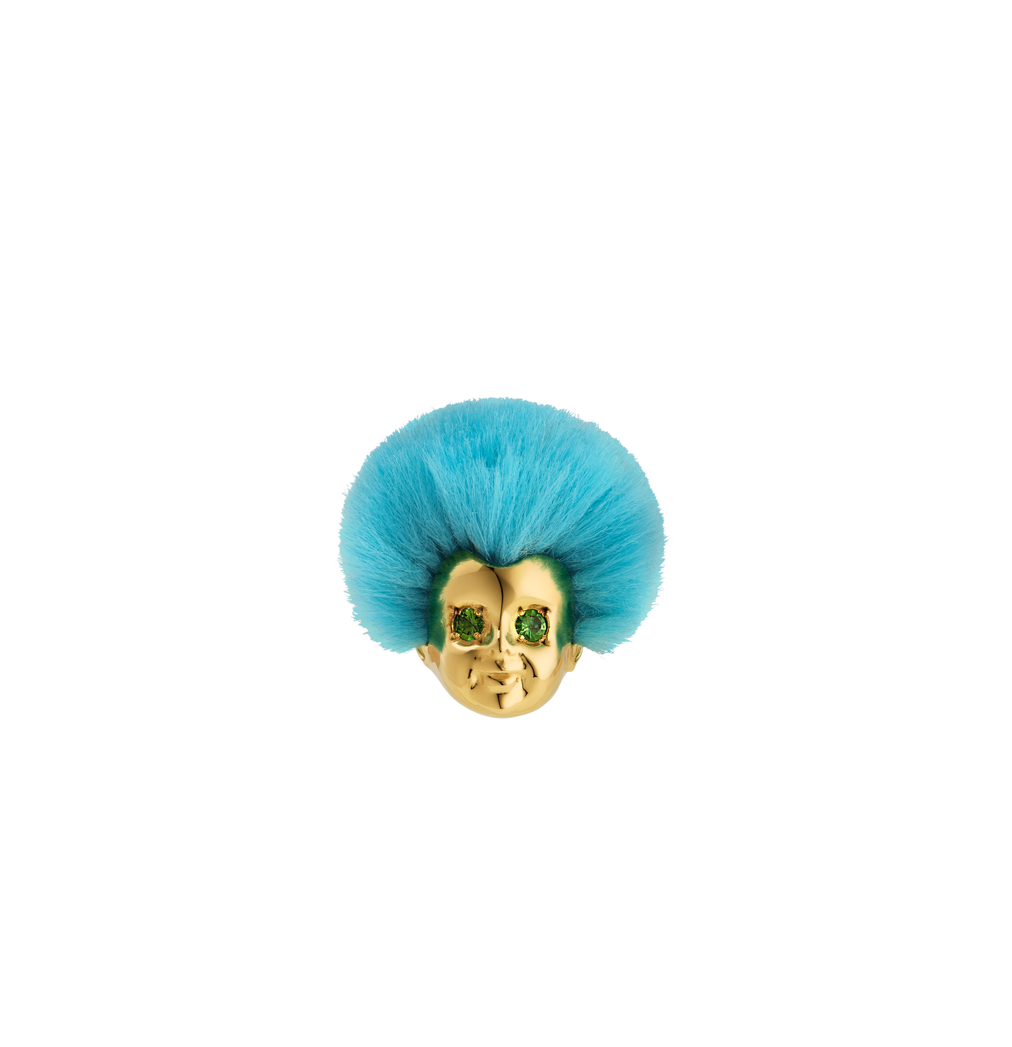 ALF Jewelry Baby Ring in 18ct gold vermeil with green tsavorite eyes, recycled blue fur, size 52.