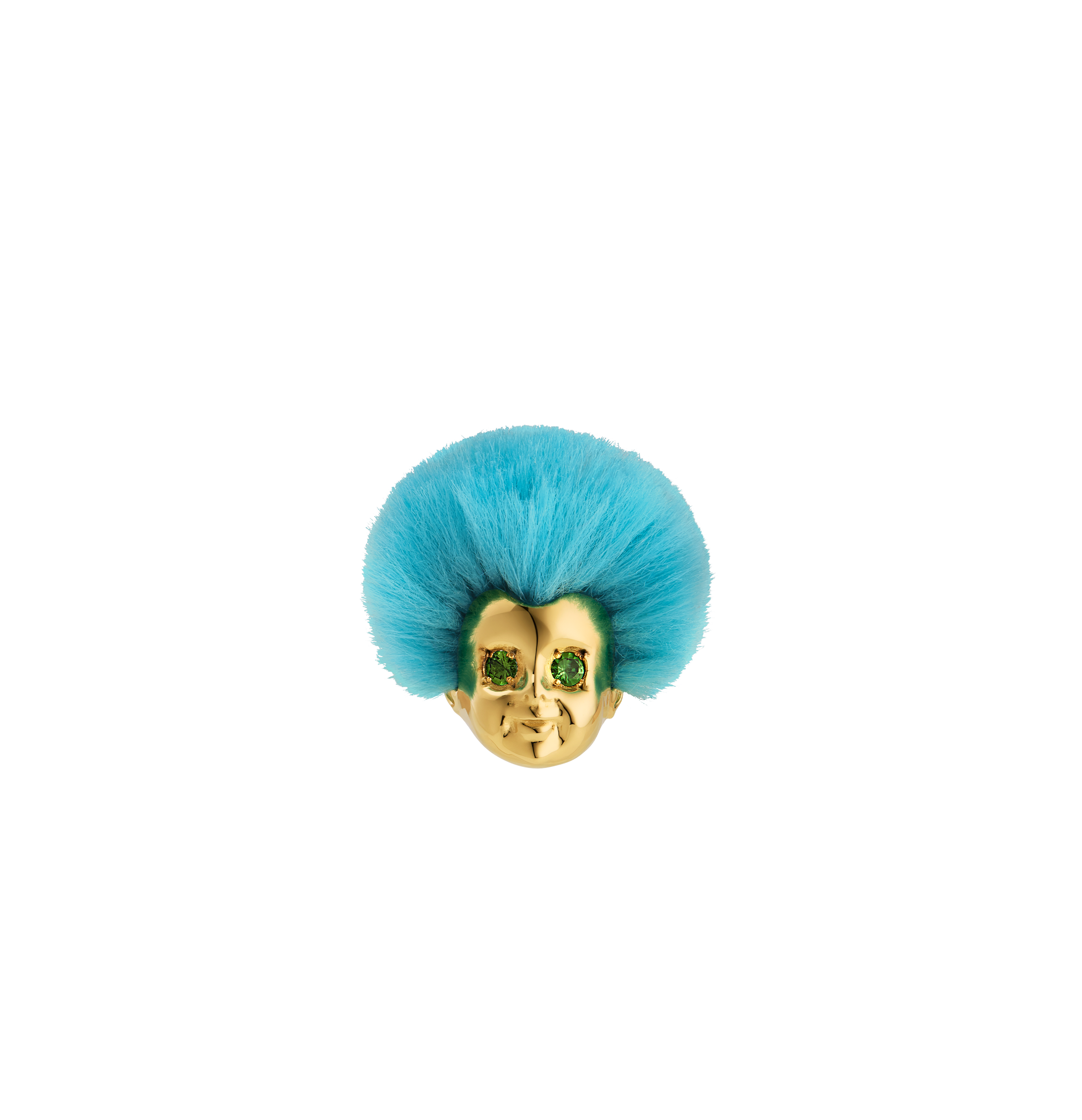 ALF Jewelry Baby Ring in 18ct gold vermeil with green tsavorite eyes, recycled blue fur, size 52.