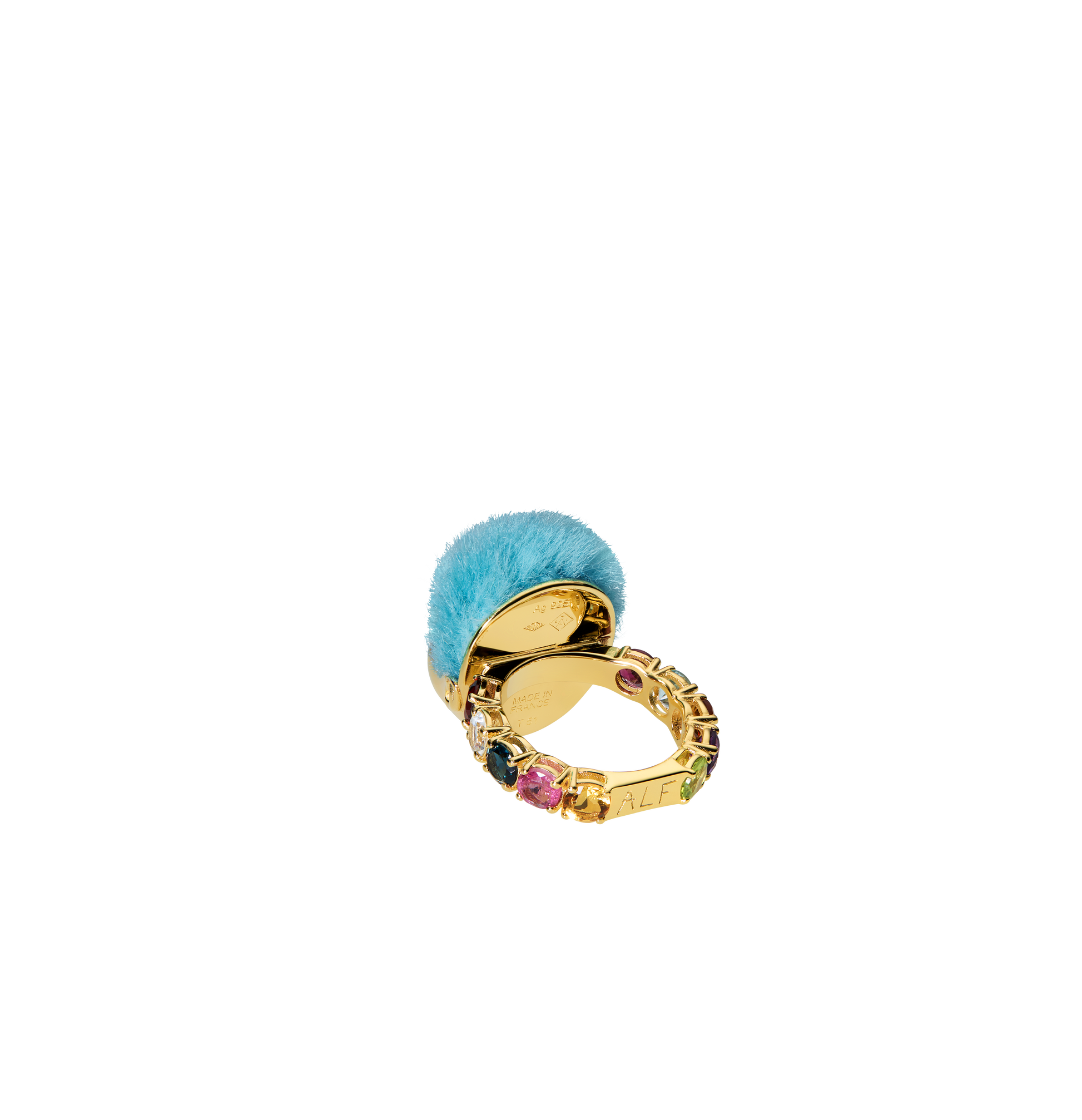 Handcrafted ALF Jewelry Baby Ring in 18ct gold vermeil with tsavorite eyes and recycled blue fur, size 59.