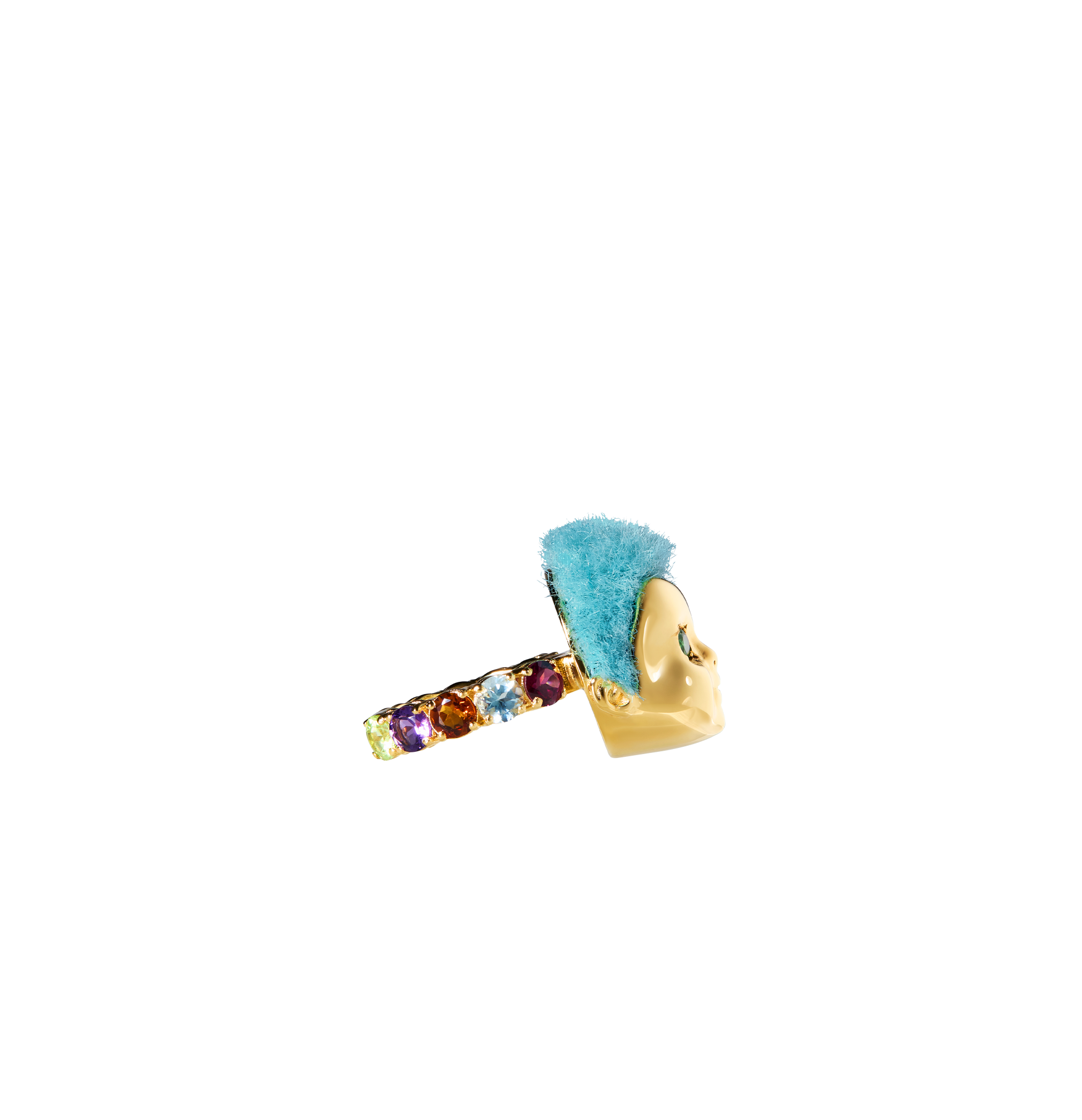 Handcrafted ALF Jewelry Baby Ring in 18ct gold vermeil with tsavorite eyes and recycled blue fur, size 59.
